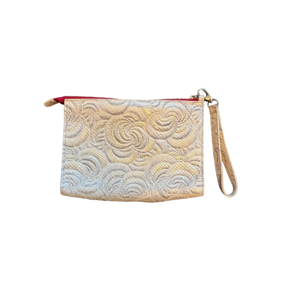 🌴 Blu Baker Genuine Exotics Leather Wristlet Pouch Rose Embossed Gold Cream USA